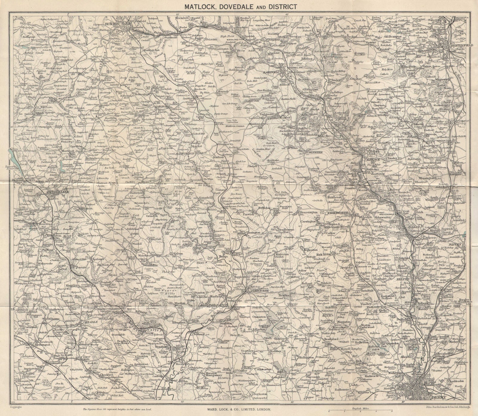 PEAK DISTRICT SOUTH Matlock Dovedale Buxton Chesterfield Leek Bakewell 1950 map
